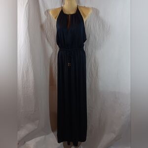 H&M Womens 8 Long Satin Dress Dark Blue Keyhole Halter Party Formal